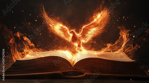 Phoenix emerges from ancient book flames of mystical bird burning bright story photo