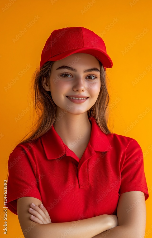 Stock Photos: Young Delivery Employee Smiling and Looking at Camera Wearing Red Uniform and Cap Stock Photos: Young Delivery Employee Smiling and Looking at Camera Wearing Red Uniform and Cap