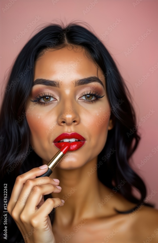 Beautiful Indian woman applies bold red lipstick. Glamorous studio portrait. Woman with sophisticated make-up. Elegant and feminine style. Clean background accentuates beauty. Beautiful Indian woman applies bold red lipstick. Glamorous studio portrait. Woman with sophisticated make-up. Elegant and feminine style. Clean background accentuates beauty.