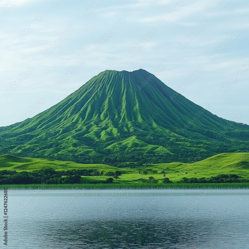 Scenic View of Green Volcanic Mountain and Calm Lake Under Blue Sky – Stunning Nature Landscape, Greenery, Volcano, Travel Destination, Photography, Outdoor Serenity Scenic View of Green Volcanic Mountain and Calm Lake Under Blue Sky – Stunning Nature Landscape, Greenery, Volcano, Travel Destination, Photography, Outdoor Serenity