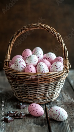 easter basket of pink and white speckled eggs photo