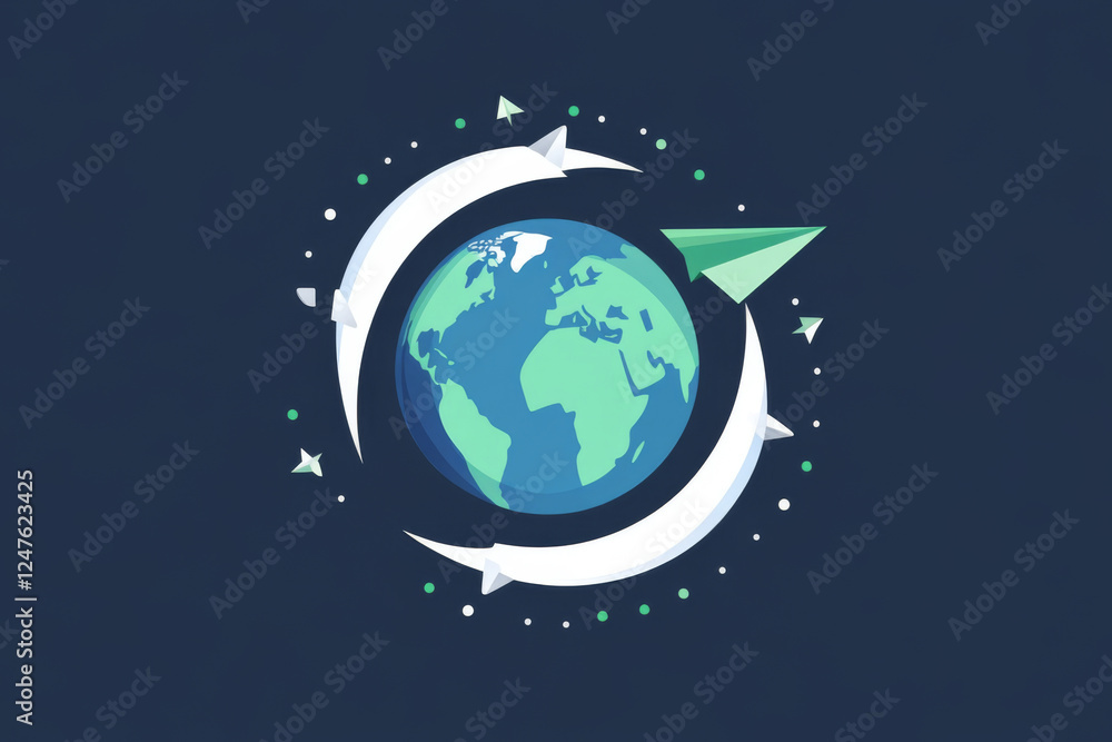 Fototapeta premium Creative logo mockup with a global design featuring arrows and a paper airplane on a deep blue background