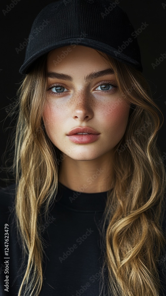 photograph, upper-body shot, young woman model, street fashion style, black cap photograph, upper-body shot, young woman model, street fashion style, black cap