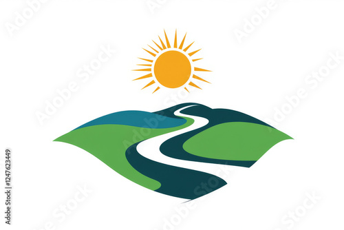 Logo design featuring a sun over abstract hills with a winding river, ideal for branding and promotional purposes