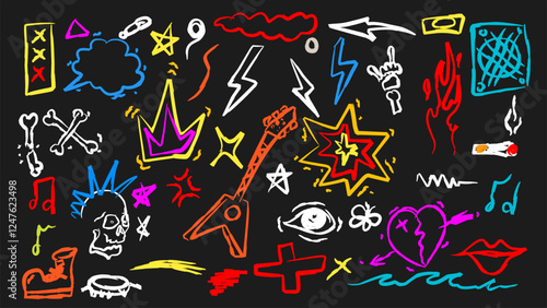 doodle punk rock skulls, guitars, lightning bolts, hearts, and flames. Bold, vibrant, and rebellious street art vector illustration for sticker, poster