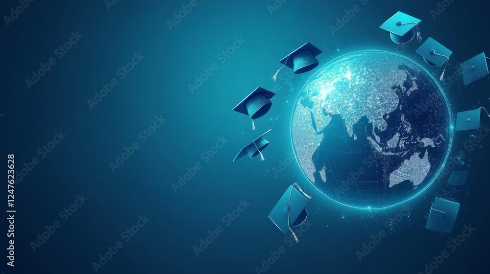 Fototapeta premium Graduation caps surround a glowing world map in a dynamic digital design for educational themes