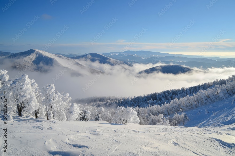 Snowy covered mountain top on winter with misty, cloud covered snow, high altitude peak. Snowy covered mountain top on winter with misty, cloud covered snow, high altitude peak.