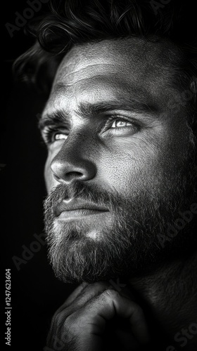 man model evoking the starkness of classic noir with an intimate, psychological edge, close-up, profile with strategic 