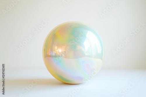 Iridescent orb displays swirling pastel hues on a white surface photo