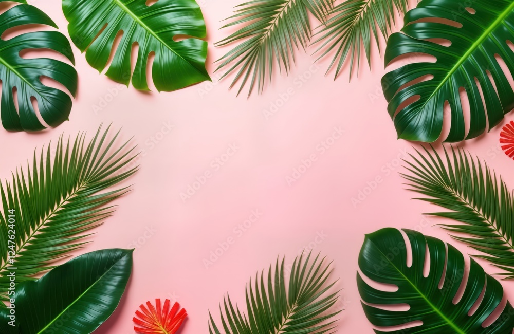 Flat lay composition with tropical leaves on pastel pink background. Summery design with palm leaves, monstera leaves in layout. Tropical plants create minimal, bright summer vibe. Great for summer Flat lay composition with tropical leaves on pastel pink background. Summery design with palm leaves, monstera leaves in layout. Tropical plants create minimal, bright summer vibe. Great for summer