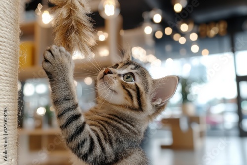 This adorable kitten is intently playing with a feather toy, showcasing its playful nature and curiosity in a bright, modern indoor setting that inspires joy. photo