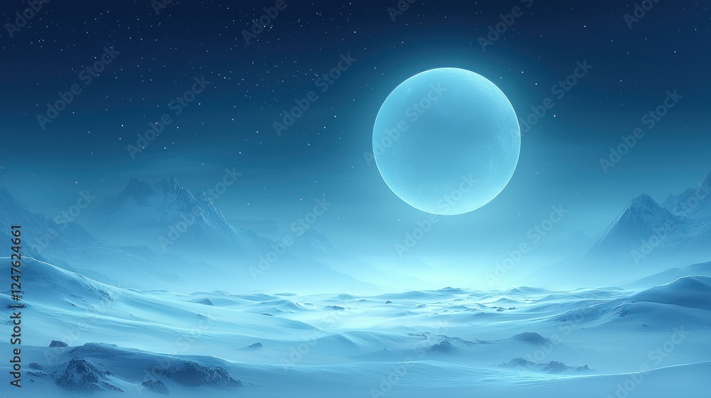Ethereal Lunar Landscape: A Celestial Snowscape Under a Giant Blue Moon Ethereal Lunar Landscape: A Celestial Snowscape Under a Giant Blue Moon