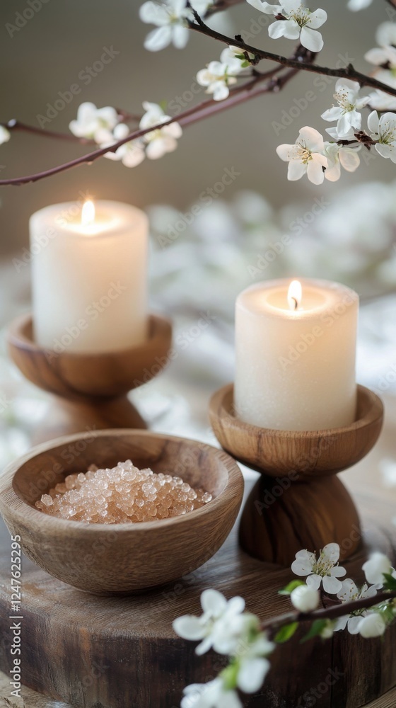 tranquil spa setting with candles and bath salts tranquil spa setting with candles and bath salts