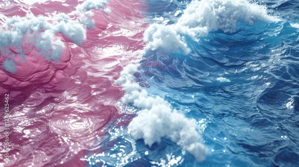 Fototapeta premium Serene ocean waves in vibrant pink and blue hues with fluffy clouds