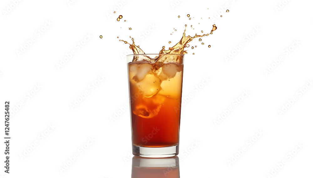 Iced soda splash, isolated, transparent glass, refreshing beverage.