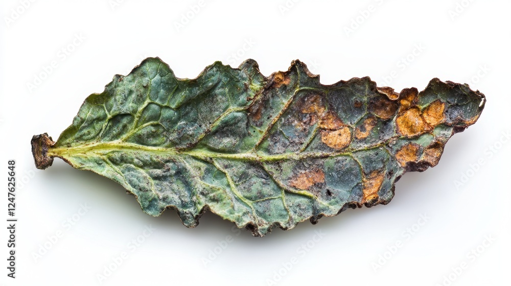 Obraz premium Leaf Decay: A close-up shot of a decaying leaf revealing a fascinating mix of colors and textures, highlighting the beauty of nature's cycle.