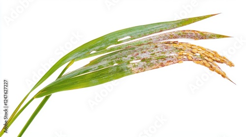 Rice Plant Disease: Close-up view of a rice plant exhibiting signs of disease, showcasing leaf damage and discoloration on the rice grains.  The image highlights the impact of disease on crop health.