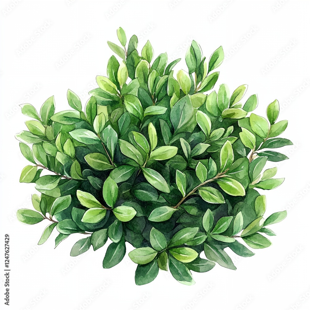 Green bush with leaves is shown in a watercolor painting Green bush with leaves is shown in a watercolor painting