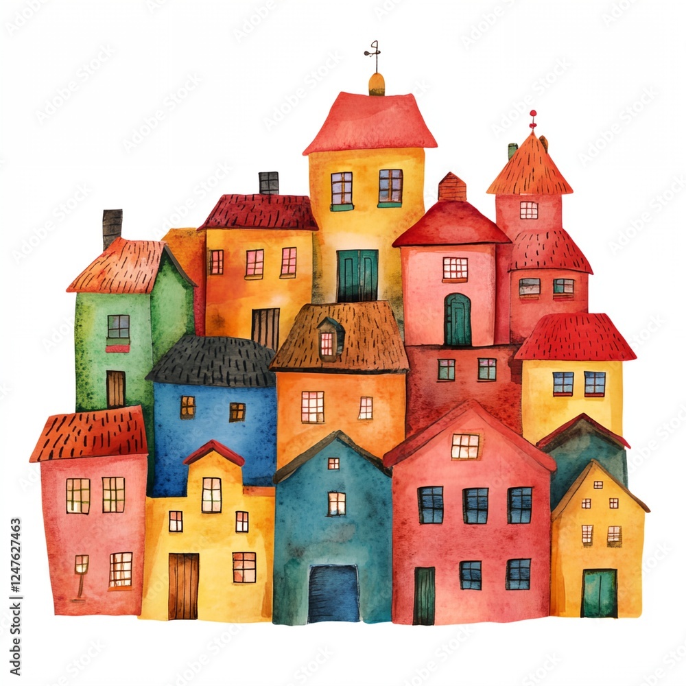 Colorful row of houses with a red roof Colorful row of houses with a red roof