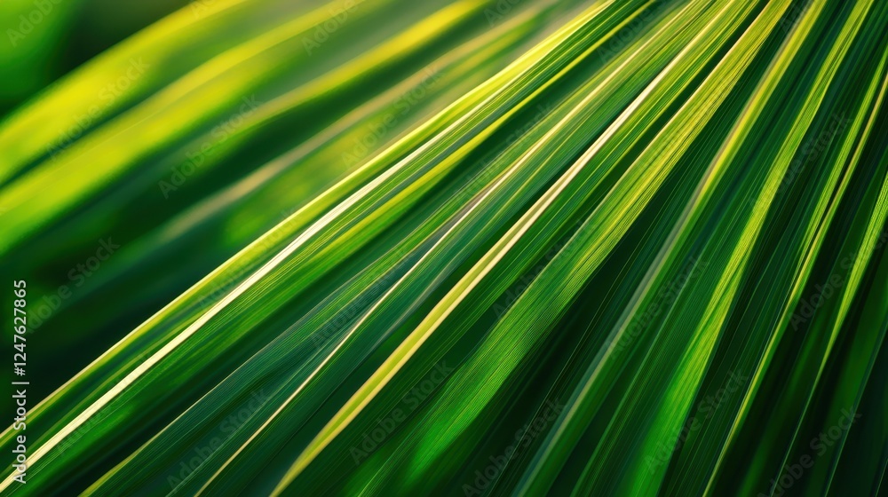 Green Leaf Texture: A vibrant close-up of a palm leaf, showcasing the intricate details of nature's design. Sunlight dances through the delicate, parallel veins. Green Leaf Texture: A vibrant close-up of a palm leaf, showcasing the intricate details of nature's design. Sunlight dances through the delicate, parallel veins.