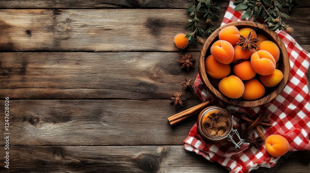 apricots cinnamon and star anise on rustic wooden background apricots cinnamon and star anise on rustic wooden background