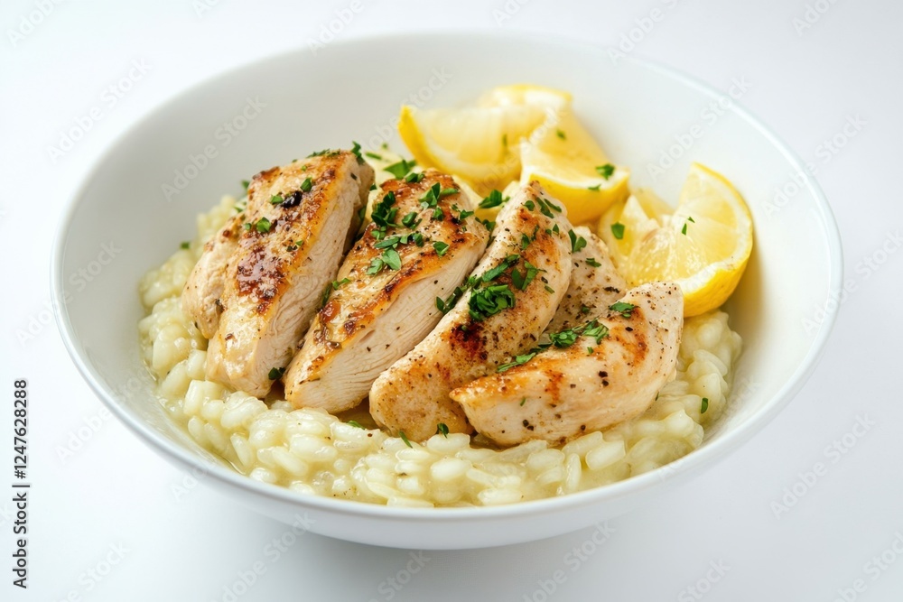 Grilled chicken breast over creamy risotto with lemon garnish Grilled chicken breast over creamy risotto with lemon garnish