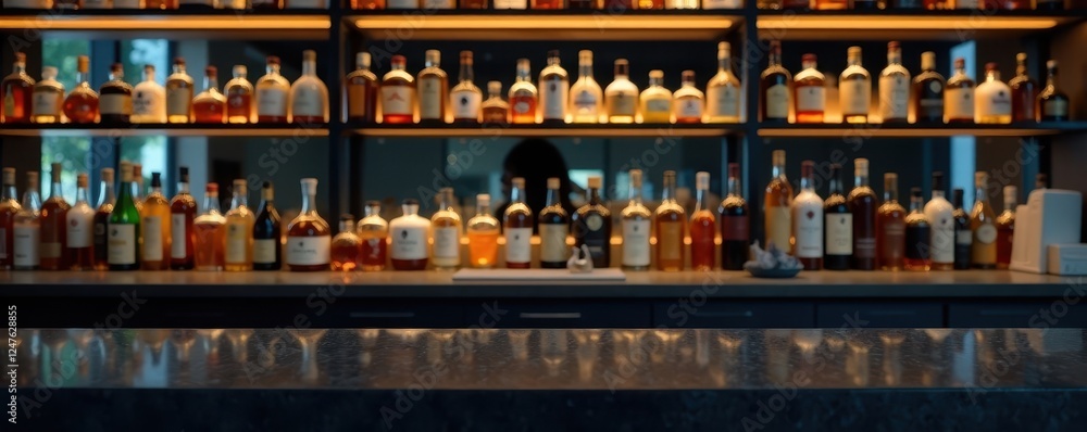 Sleek dark counter, glass backdrop showcasing bottles, club, dark Sleek dark counter, glass backdrop showcasing bottles, club, dark