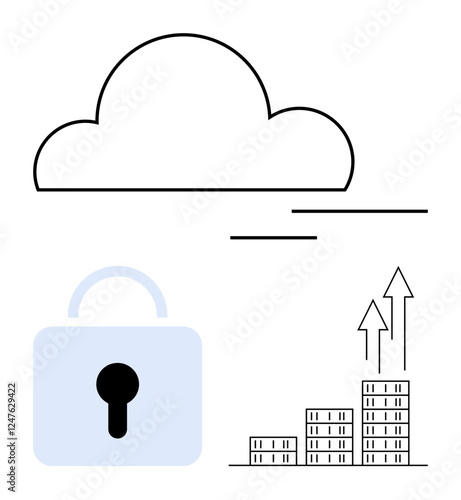Cloud with lines, padlock, bar graph with arrows signifying data protection, scalability, and growth. Ideal for cybersecurity, data storage, cloud computing, business growth tech innovation