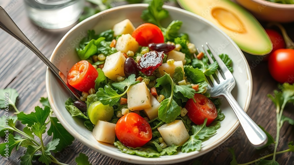 Close up of a colorful and appetizing fresh salad on a clean white plate, meal, refreshing, delicious Close up of a colorful and appetizing fresh salad on a clean white plate, meal, refreshing, delicious