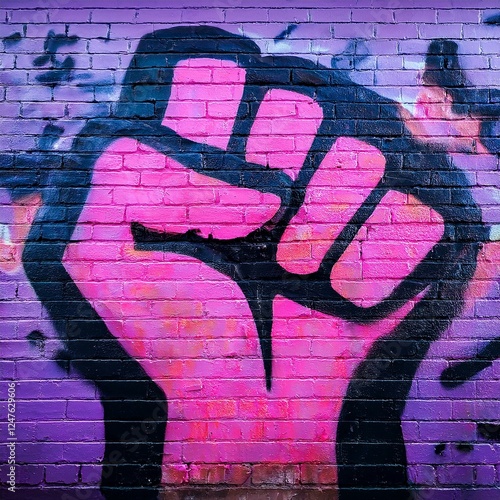 A bold feminist graffiti mural featuring a clenched fist in vibrant pink and purple tones on a textured urban brick wall, symbolizing resistance and empowerment