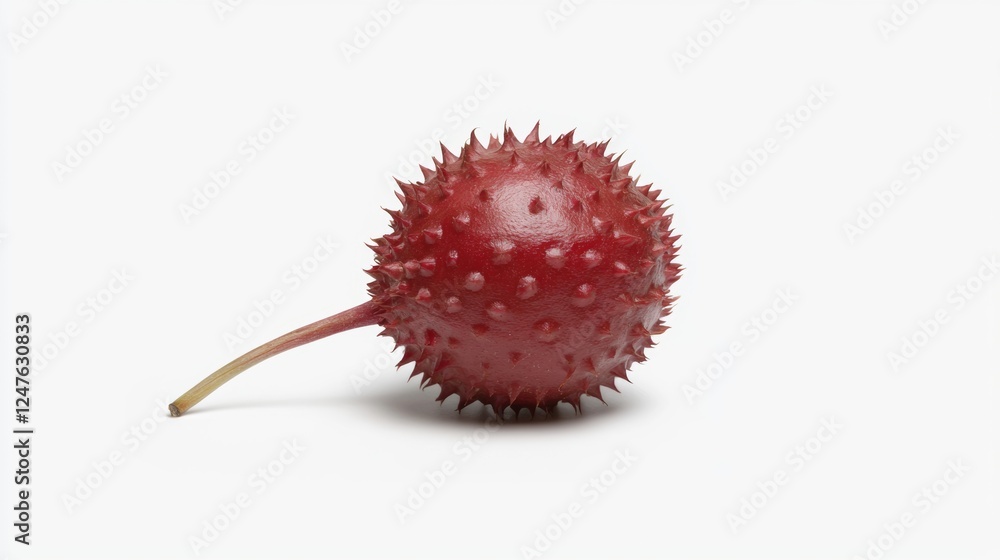 A spiky, red fruit with a stem, showcasing a unique texture and vibrant color against a plain background. A spiky, red fruit with a stem, showcasing a unique texture and vibrant color against a plain background.