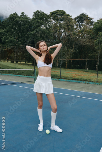 Athletic young woman in a white tennis outfit poses confidently on a tennis court, showcasing sportswear style and a vibrant outdoor atmosphere photo