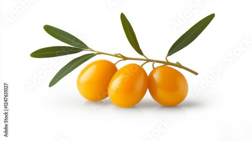 A branch with three golden olives and green leaves against a white background, showcasing a fresh and vibrant appearance. photo