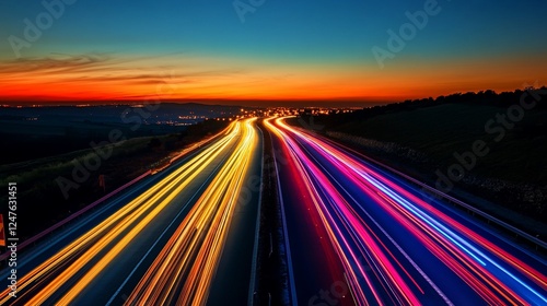 Vibrant highway traffic trails at dusk with colorful skies above and city lights