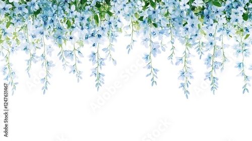 A delicate arrangement of blue flowers and green leaves, creating a serene backdrop.