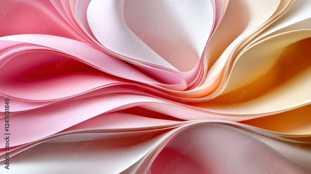Fototapeta premium Closeup view of overlapping sheets of multicolored paper, creating a textured, swirling pattern of pinks, oranges, and whites. The paper has a