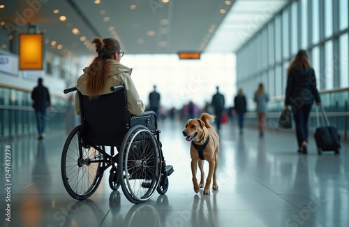 Woman in wheelchair with dog inside airport terminal. Disabled person traveling. Animal companion. Modern airport interior. People moving. Casual wear. Airport setting. Assistance animal helping photo