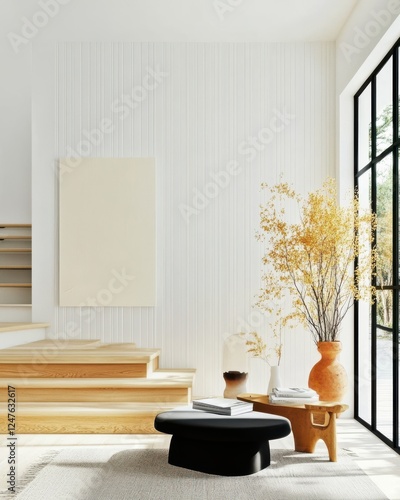 Modern Interior Design, Showcasing Minimalist Furniture, Elegant Floral Vase, Bright Warm Home Aesthetic, Natural Lighting photo