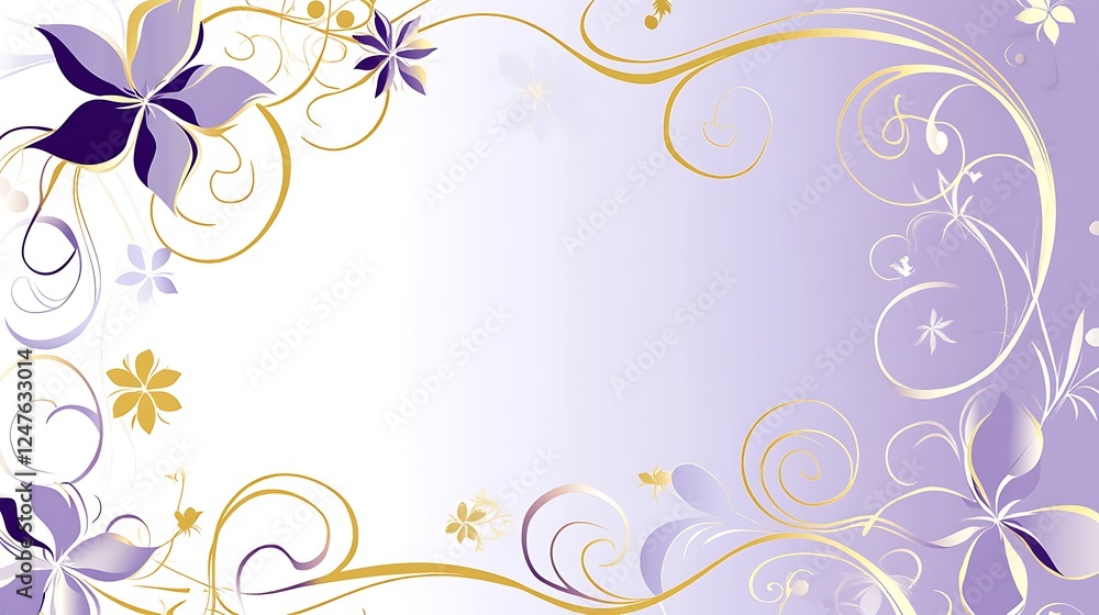Lavender Floral Design with Golden Swirls and White Background Lavender Floral Design with Golden Swirls and White Background