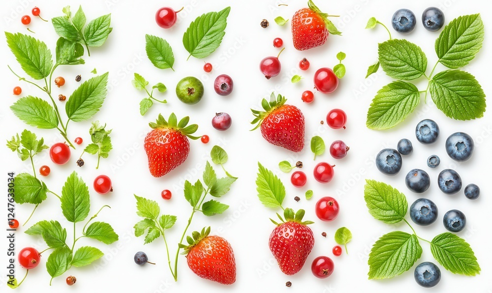 Assorted fresh berries and leaves arranged in vertical stripes on white background, highlighting red strawberries, blueberries, and red currants Assorted fresh berries and leaves arranged in vertical stripes on white background, highlighting red strawberries, blueberries, and red currants