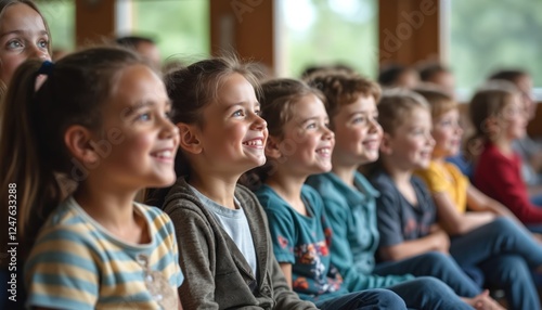 Diverse children attentively watch presentation with happy smiles. Group of young kids enjoy event. Attentive audience members show interest in performance. School children sit together in classroom.
