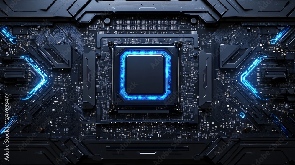Fototapeta premium Sci-Fi Motherboard with Floating Glossy AI Chip, Electric Blue Circuits, and High-Tech Components. Copy space. Generative AI