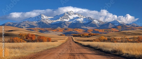 Autumn road to snowy mountains, scenic landscape photo