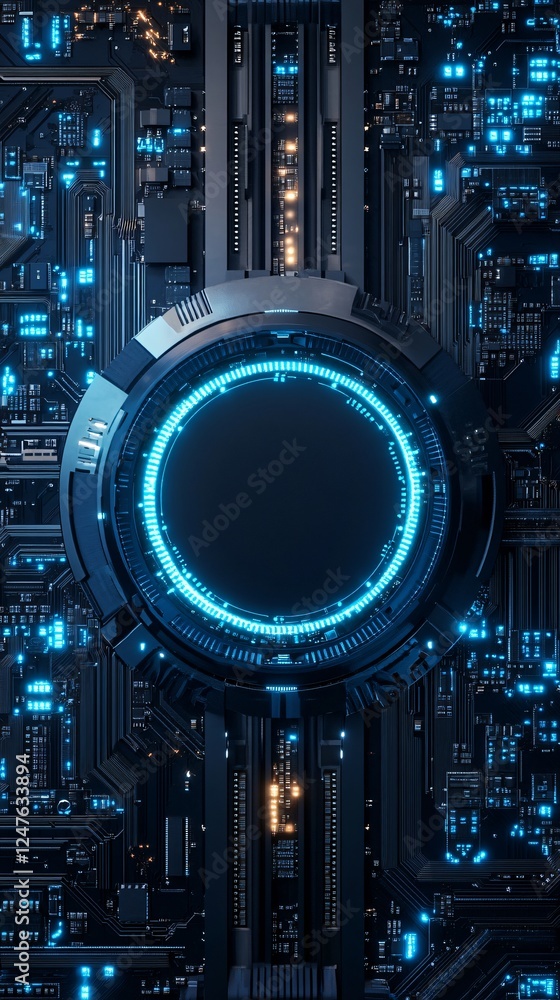 Fototapeta premium Sci-Fi Motherboard with Floating Glossy AI Chip, Electric Blue Circuits, and High-Tech Components. Copy space. Generative AI