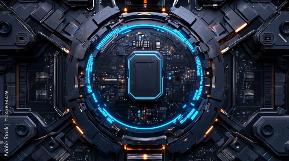 Fototapeta premium Sci-Fi Motherboard with Floating Glossy AI Chip, Electric Blue Circuits, and High-Tech Components. Copy space. Generative AI