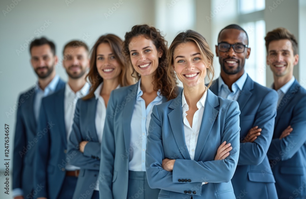 Successful business team stands together in office. Happy businesspeople wear suits. Confidence and teamwork are key values. Modern office setting. Pro and corporate image. Successful business team stands together in office. Happy businesspeople wear suits. Confidence and teamwork are key values. Modern office setting. Pro and corporate image.