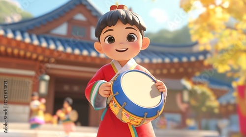 A cartoon boy wearing a traditional hanbok with a red jeogori and blue baji, holding a toy drum during the Seollal festival photo