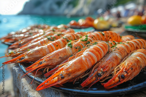 boiled sea arthropods on the plates in the stones photo