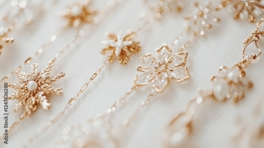 Delicate gold and crystal snowflake jewelry displayed elegantly on a soft surface. Delicate gold and crystal snowflake jewelry displayed elegantly on a soft surface.