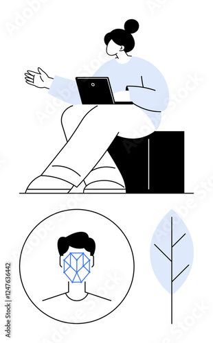 Woman with laptop gesturing, face recognition grid overlay on profile, and abstract leaf icon. Ideal for technology, AI, biometrics, nature-tech synergy, remote work, modern design abstract line